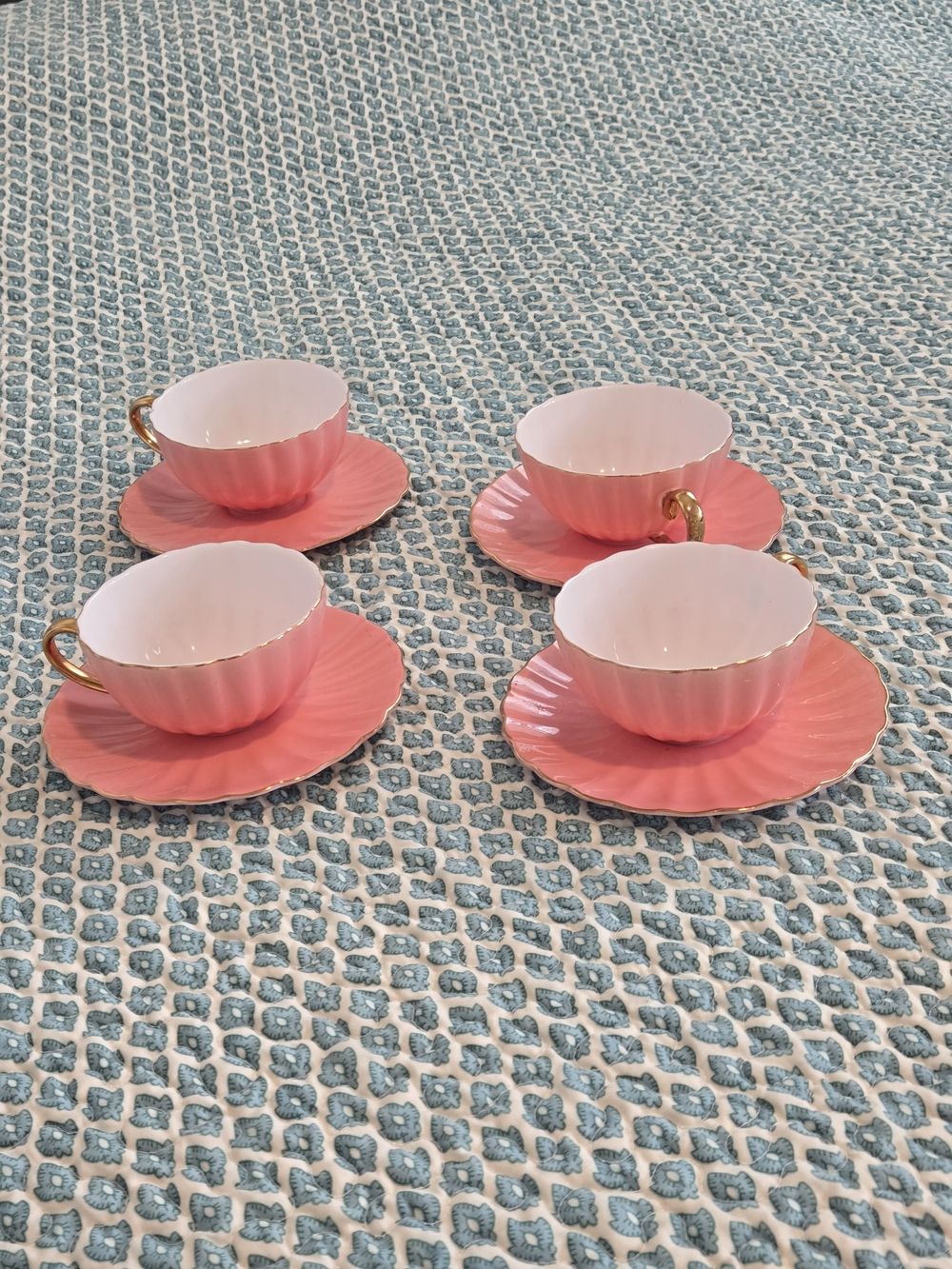 Anthropologie Elegant Pink Porcelain Tea Cups with Gold Handles - Set of 4